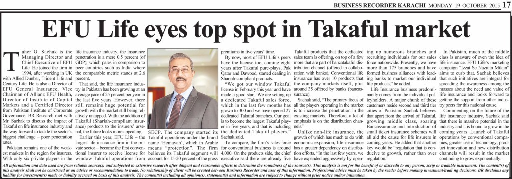 CEO EFU Life Taher G Sachak interview on Takaful Market in Business Recorder