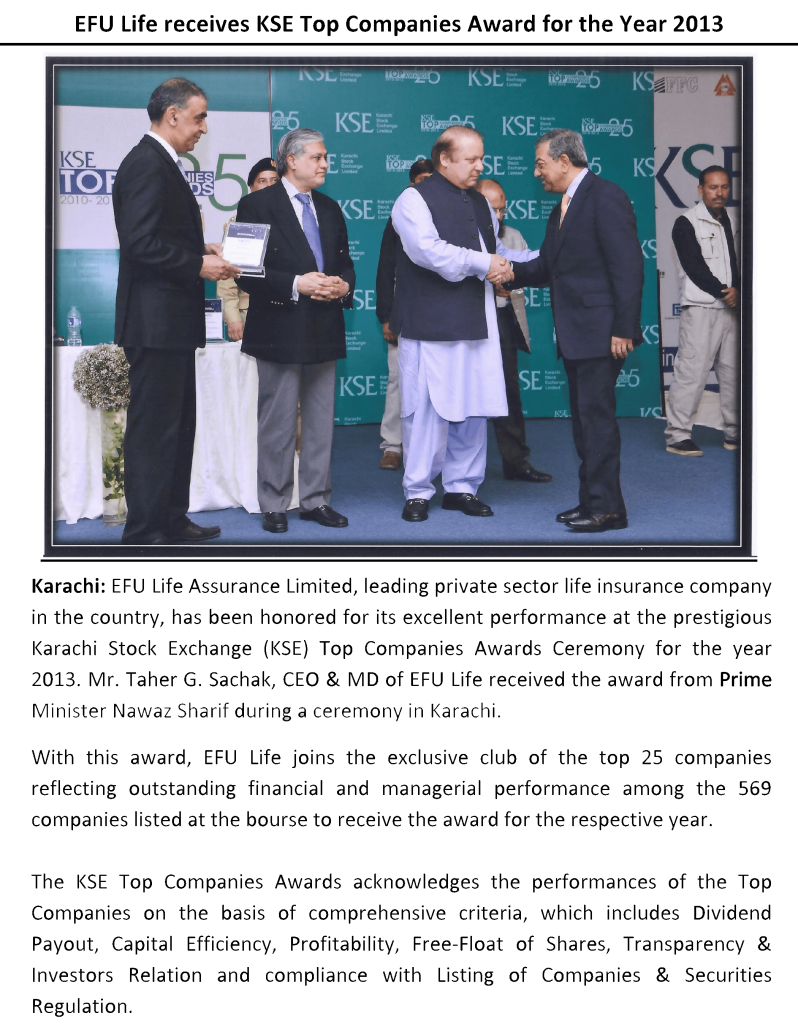 EFU Life receives Karachi Stock Exchange (KSE) Top Companies Award for the year 2013