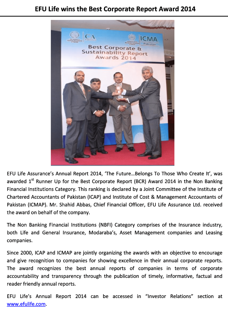 EFU Life wins Best Corporate Report Award 2014