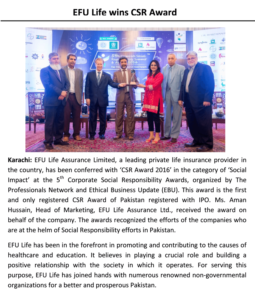 EFU Life wins CSR Award 2016